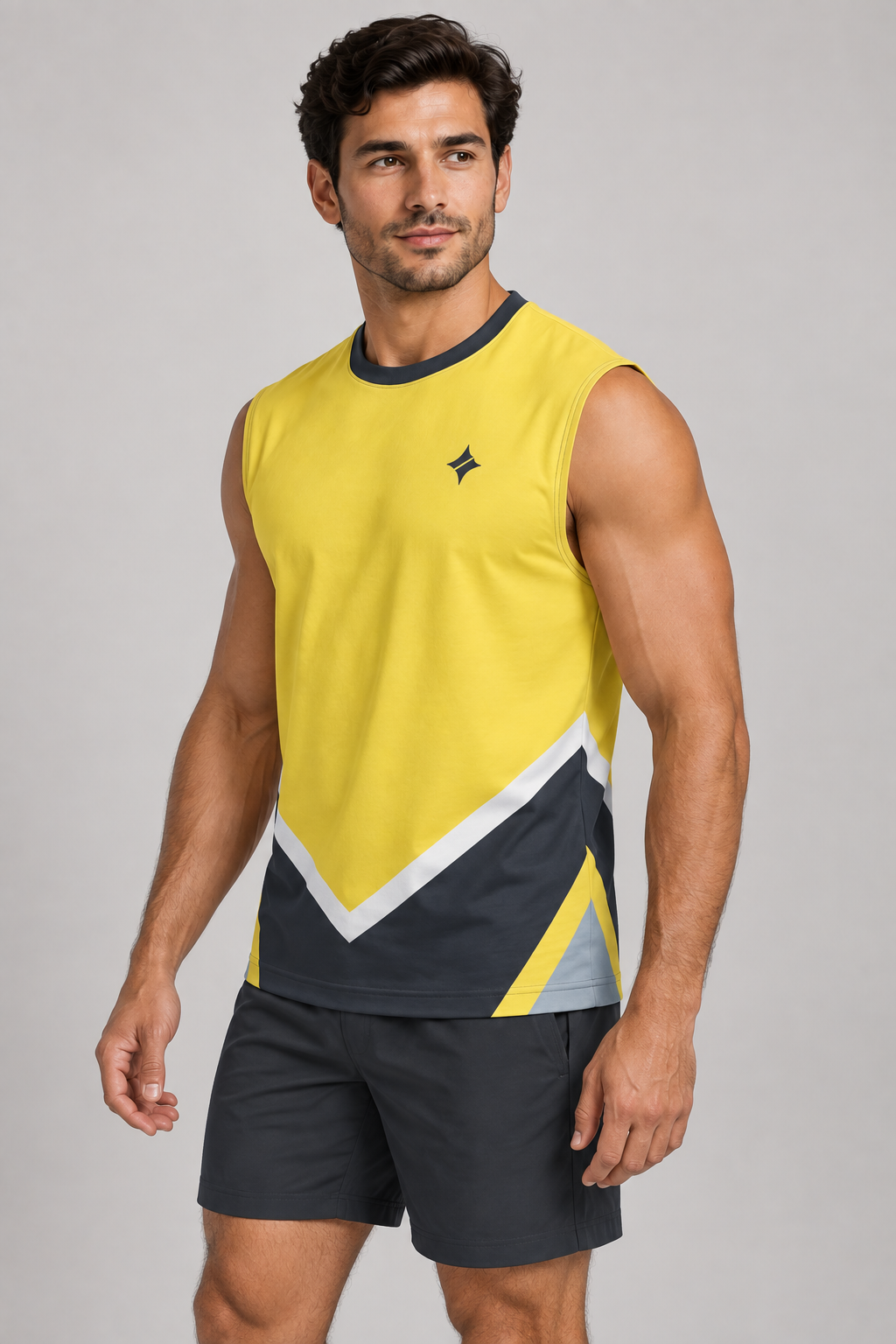 Lemon Asphalt sleeveless cotton T-shirt – side on-model styling illustration
