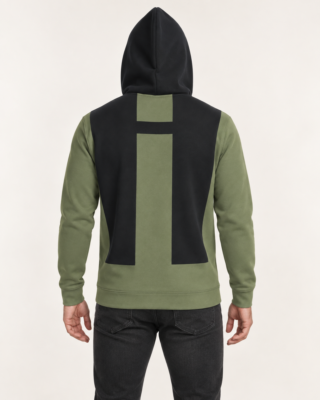 Lichen Black Pavilion Nero Ponte Hoodie, back on-model AI styling illustration