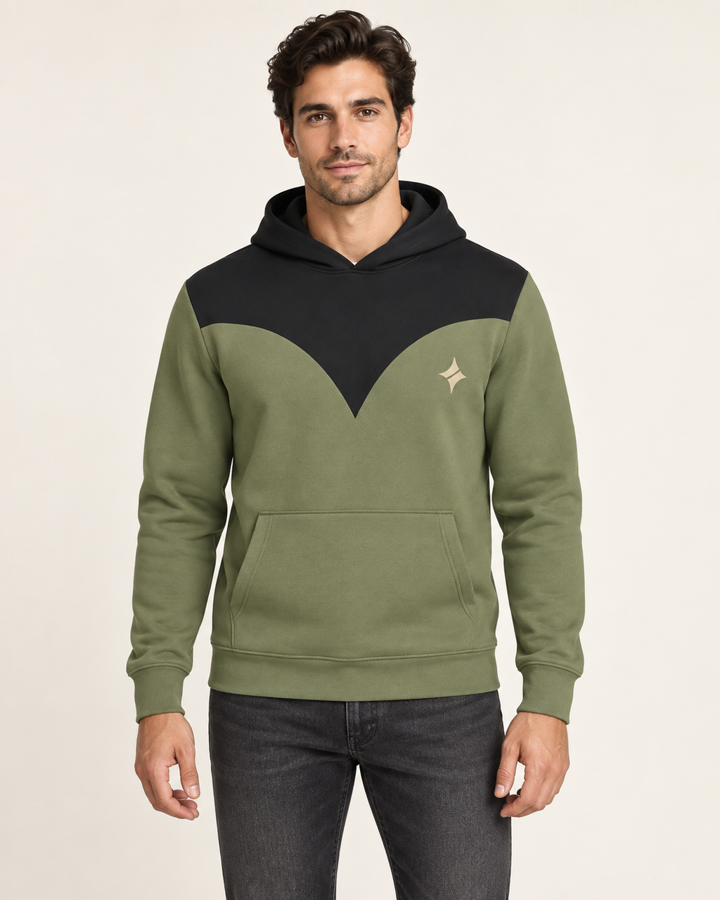 Lichen Black Pavilion Nero Ponte Hoodie, front on-model AI styling illustration