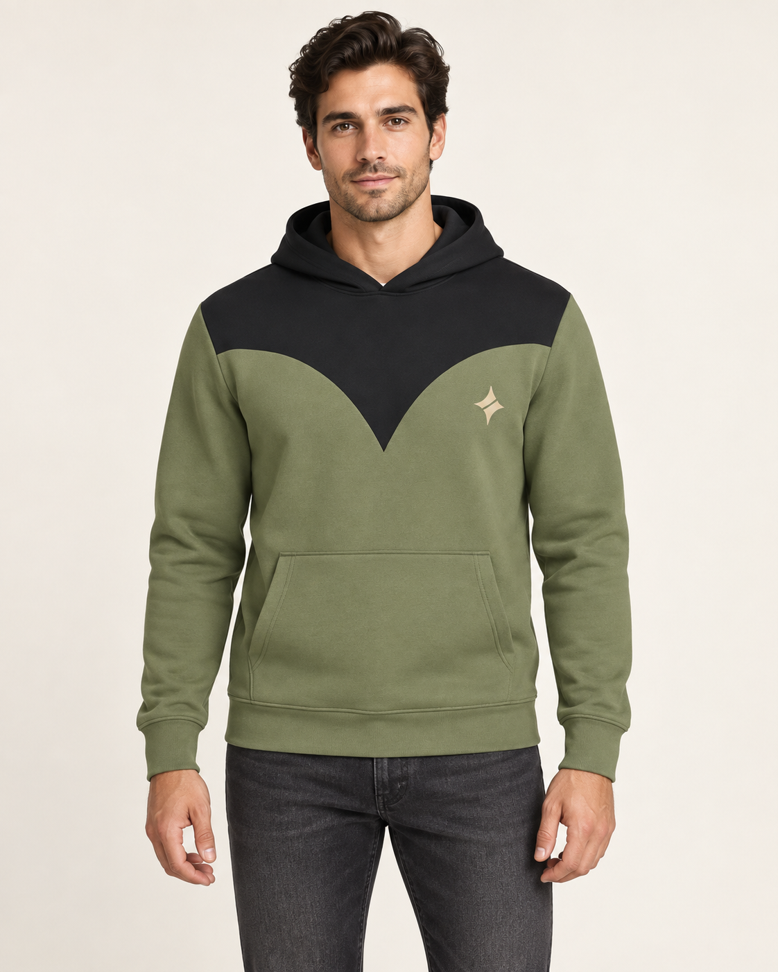 Lichen Black Pavilion Nero Ponte Hoodie, front on-model AI styling illustration