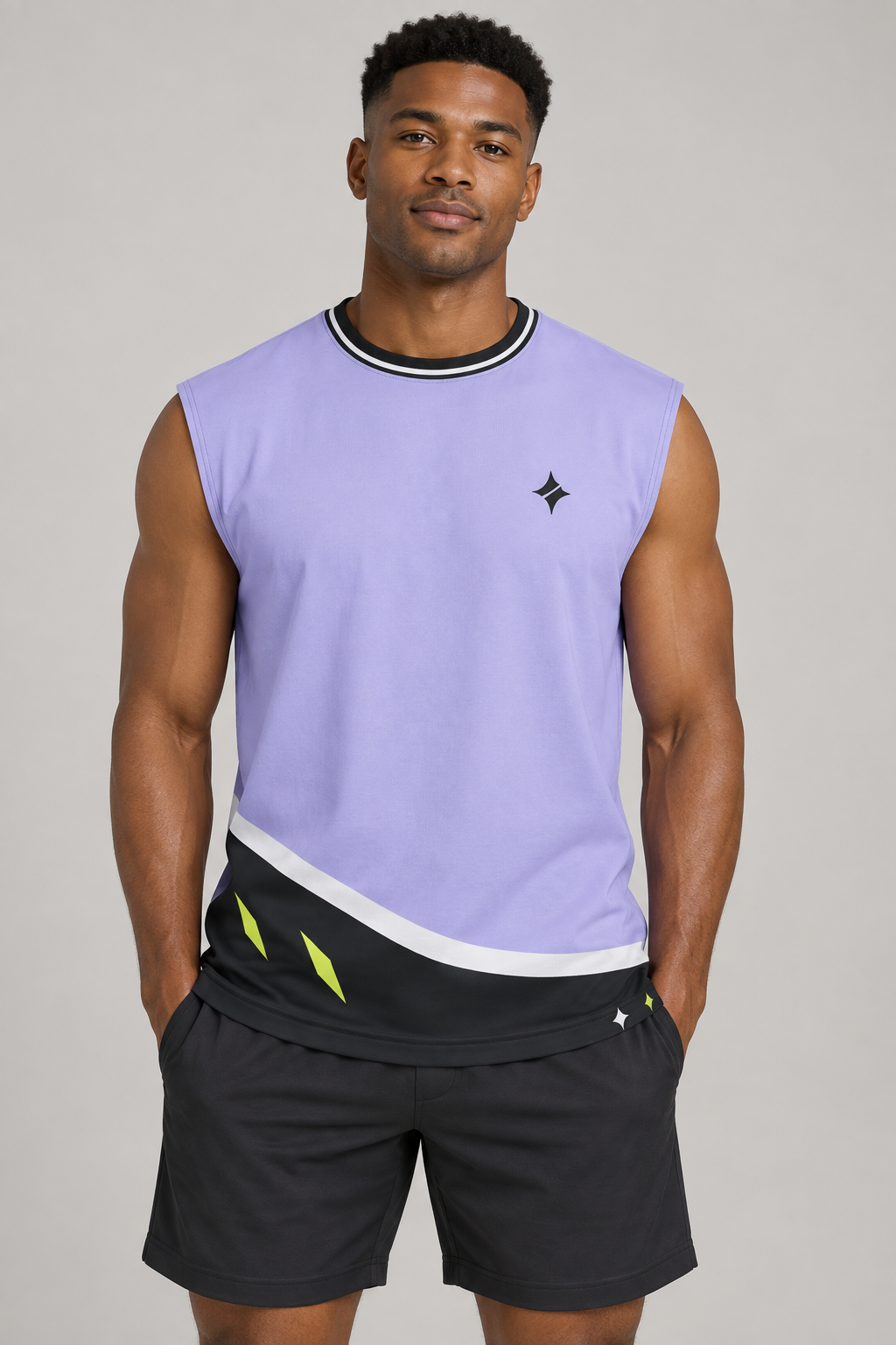 Lilac Carbon sleeveless cotton T-shirt – front on-model styling illustration
