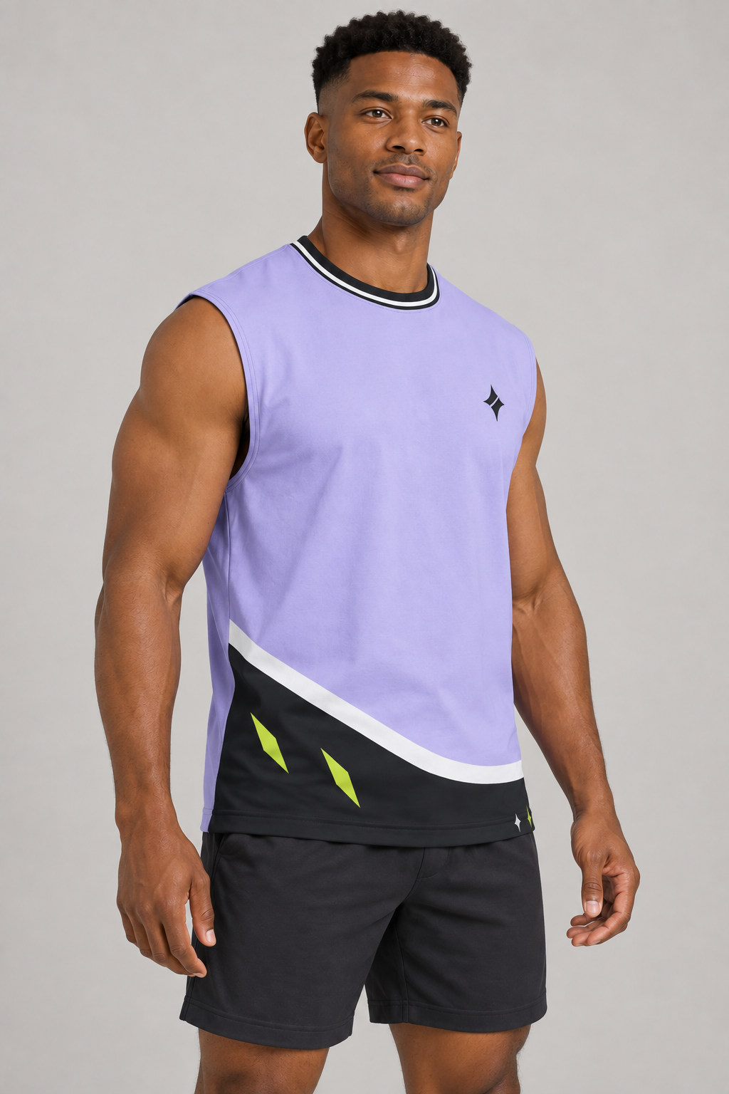 Lilac Carbon sleeveless cotton T-shirt – side on-model styling illustration