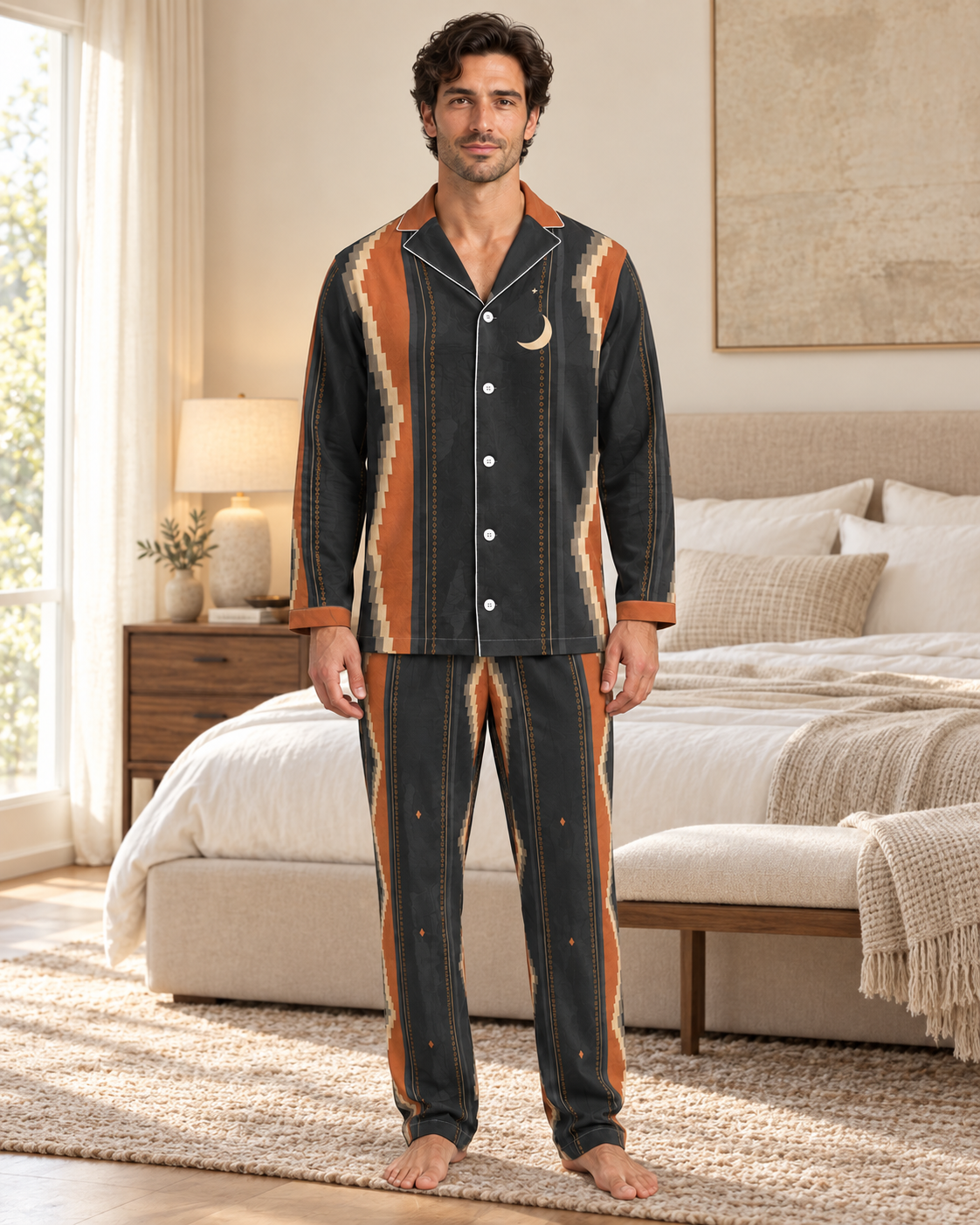 Adult model wearing the Lunar Kilim Luxury Pajama Set in a bright bedroom — AI styling illustration