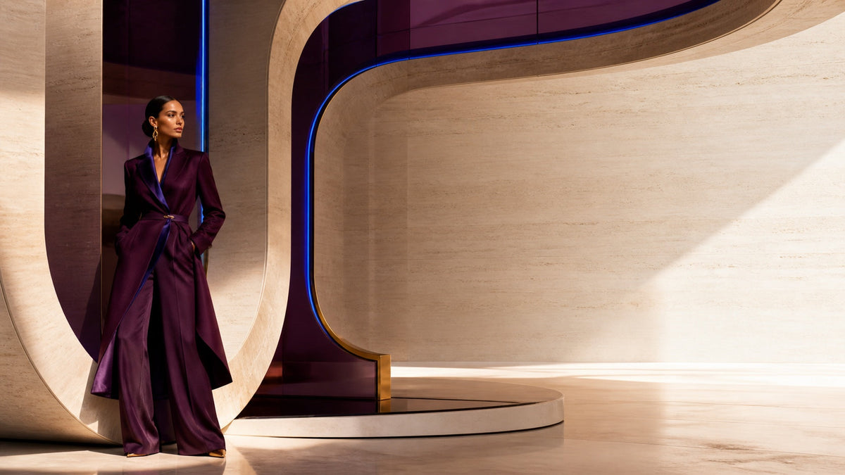 UNIKCOSA signature fashion model in aubergine tailoring within ivory, plum and cobalt sculptural architecture