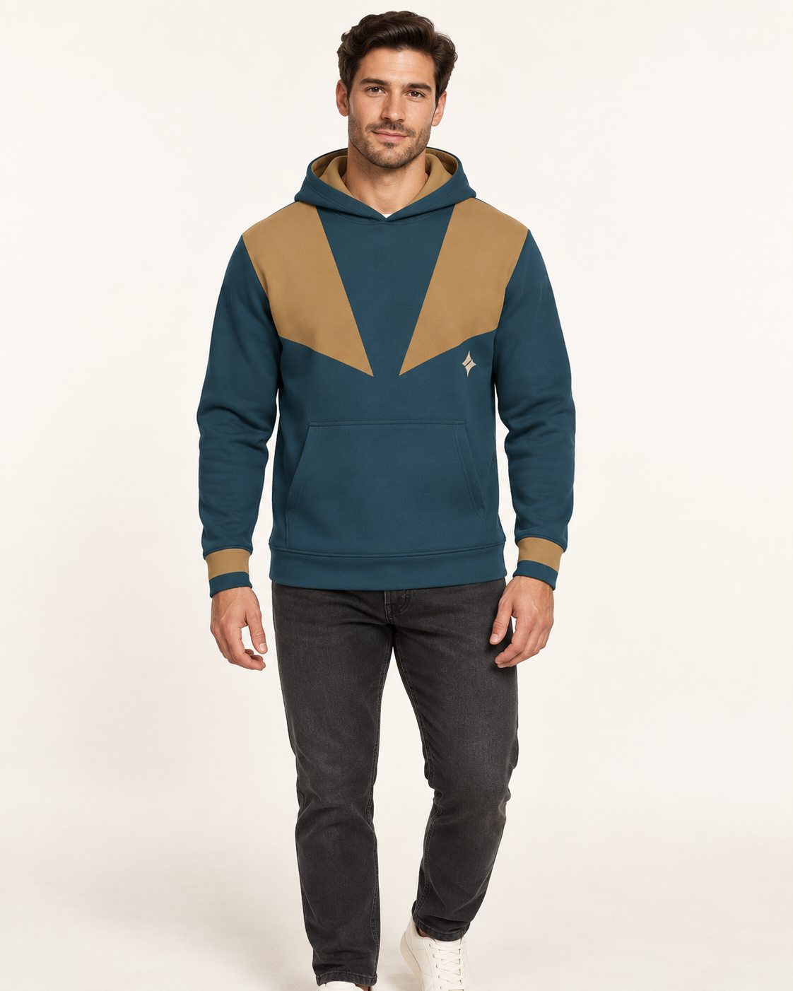 Marine Bronze Tension Nero Ponte Hoodie, front on-model AI styling illustration