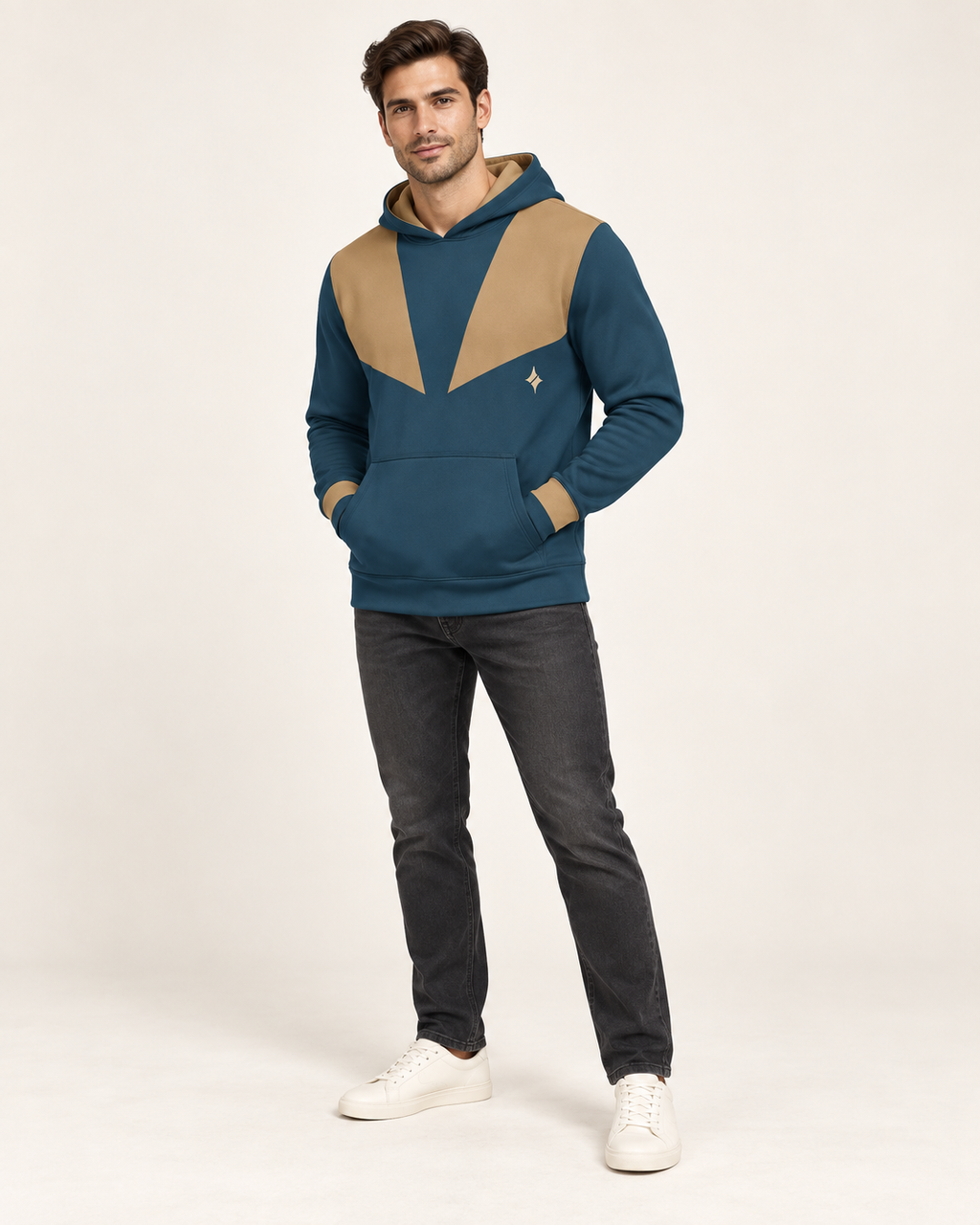 Marine Bronze Tension Nero Ponte Hoodie, fullbody on-model AI styling illustration
