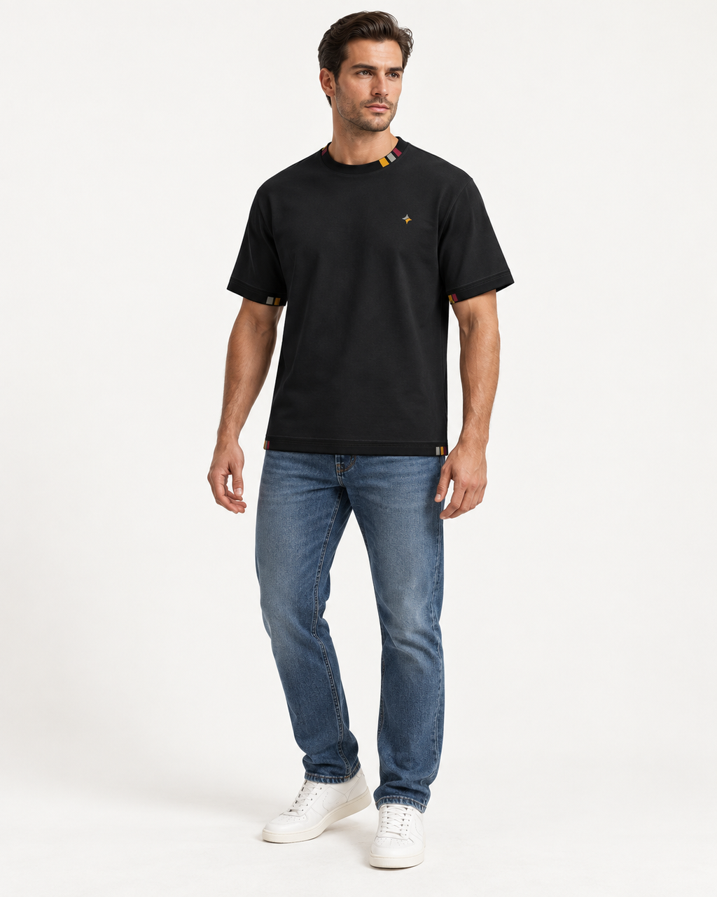 Midnight Cadence boxy cotton T-shirt — front on-model digital styling illustration