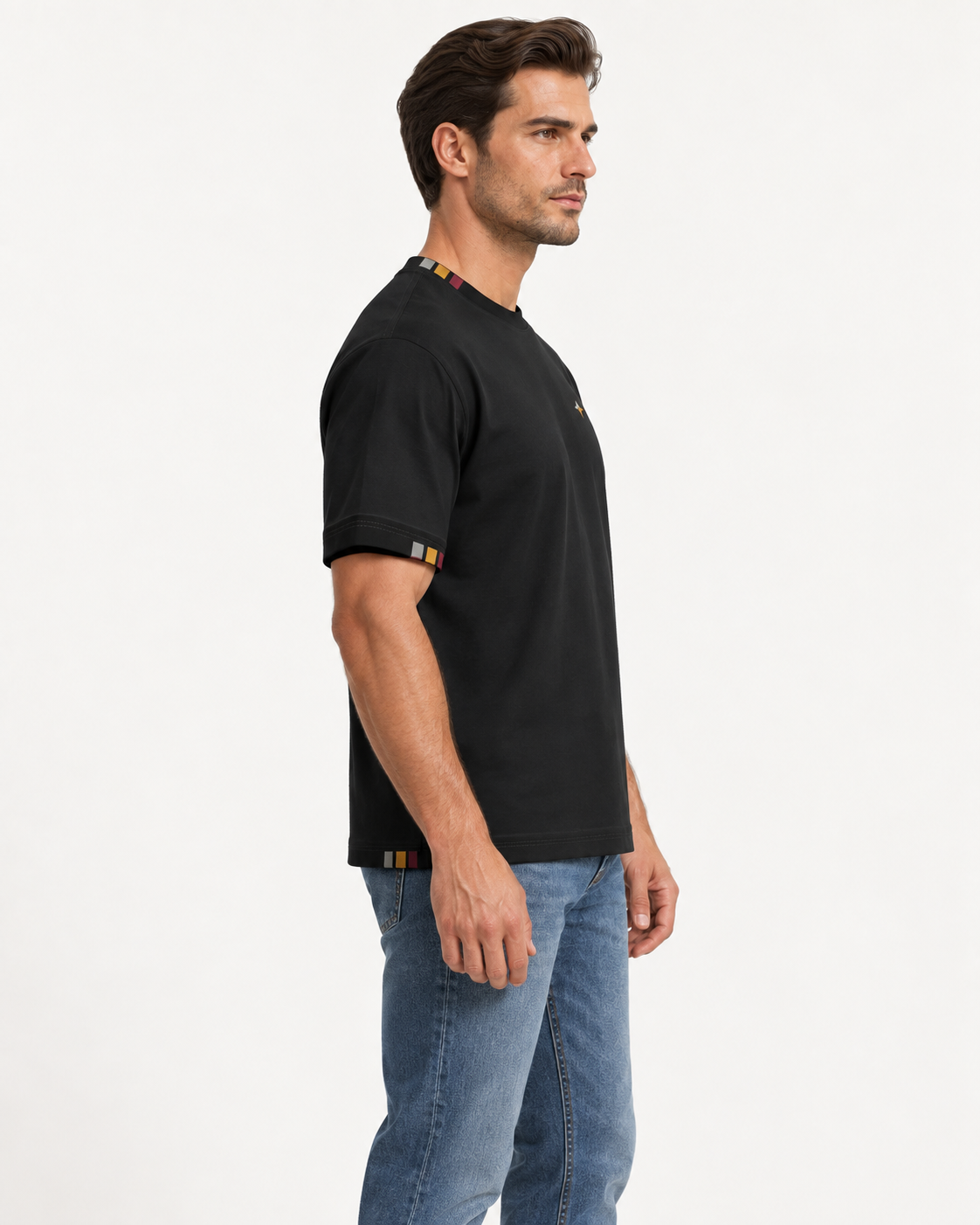 Midnight Cadence boxy cotton T-shirt — side on-model digital styling illustration