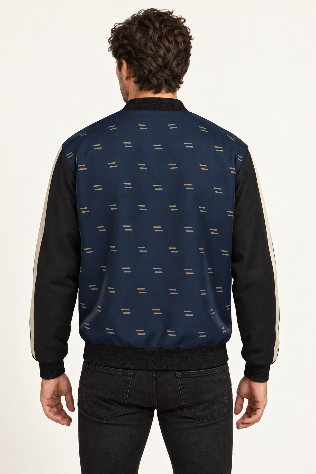 Midnight Champagne satin bomber jacket — back on-model styling illustration