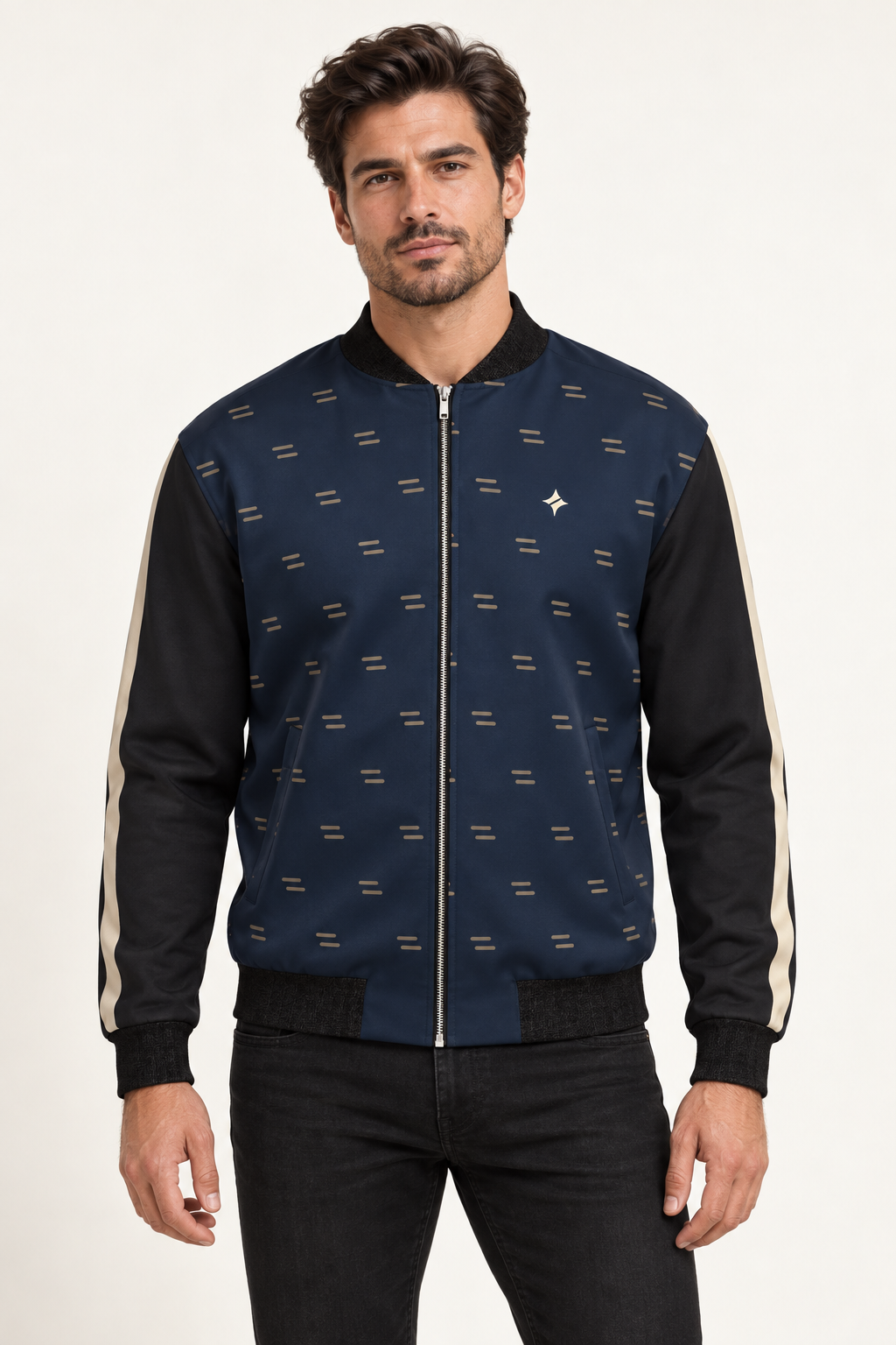 Midnight Champagne satin bomber jacket — front on-model styling illustration