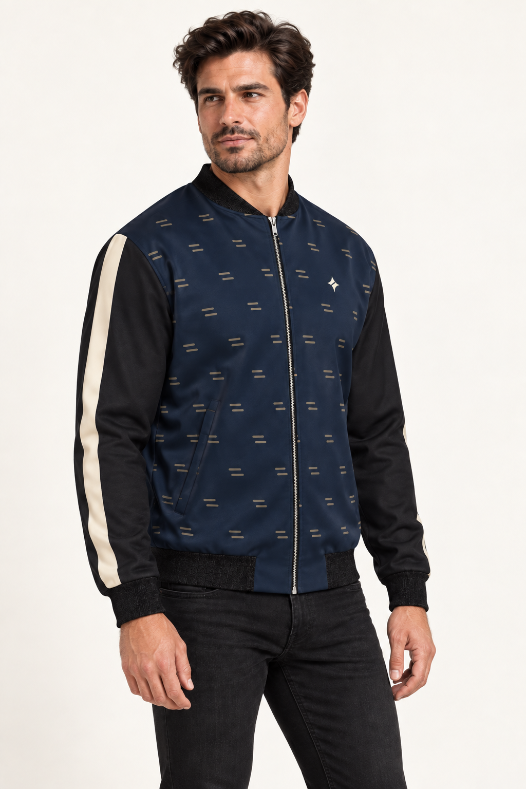 Midnight Champagne satin bomber jacket — three-quarter on-model styling illustration