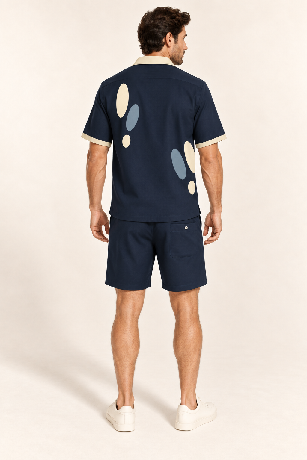 Midnight Champagne cotton satin shirt and shorts set, back model view. AI-generated styling illustration.