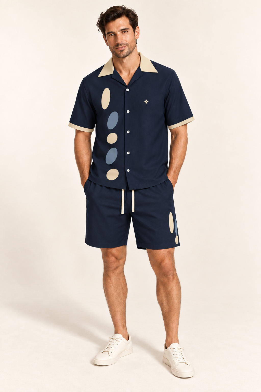 Midnight Champagne cotton satin shirt and shorts set, front model view. AI-generated styling illustration.