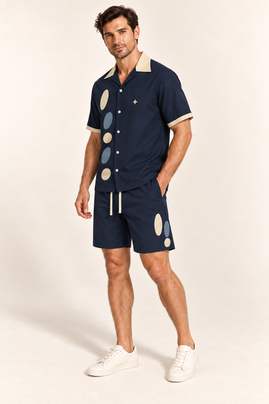 Midnight Champagne cotton satin shirt and shorts set, side model view. AI-generated styling illustration.