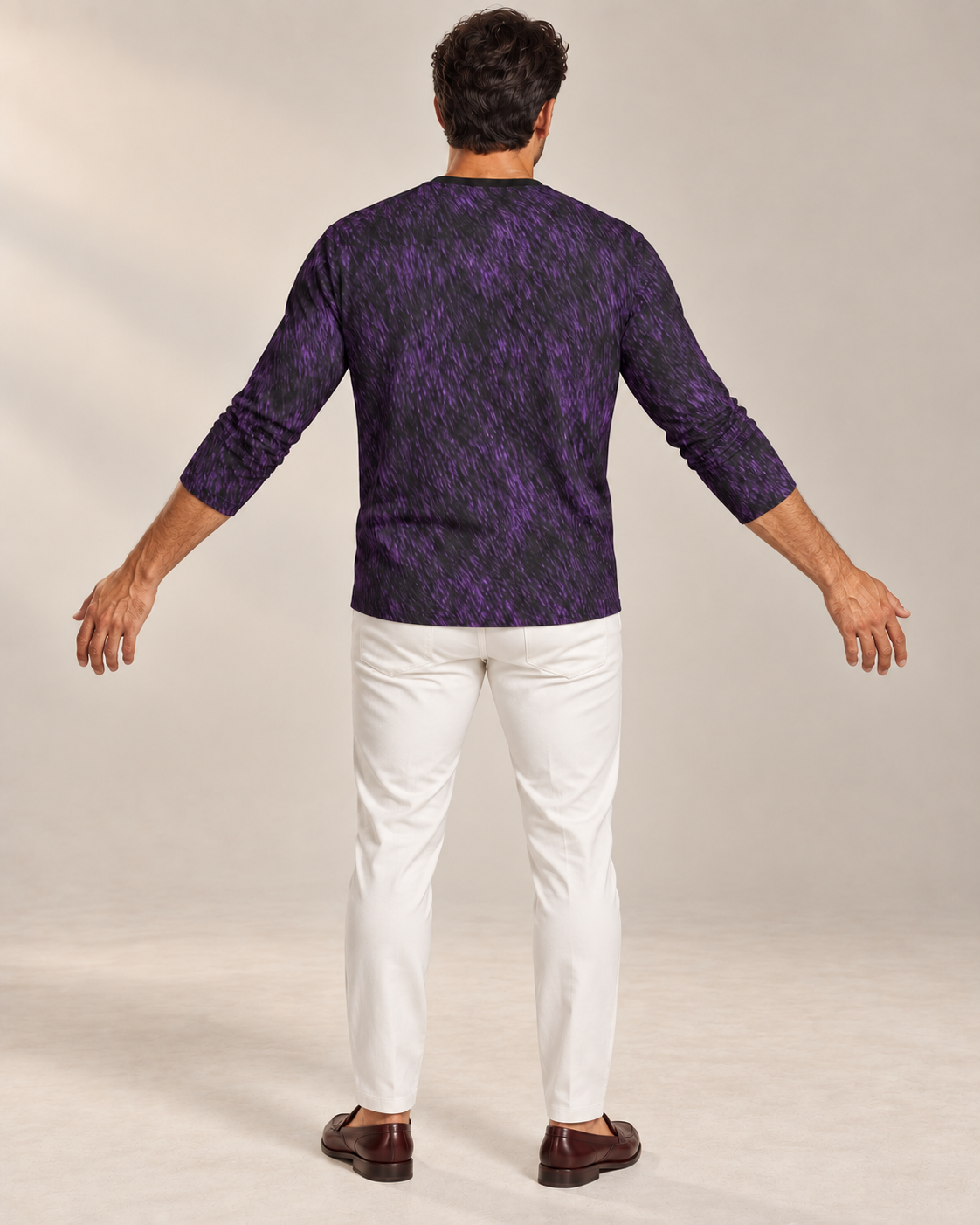 Midnight Crown Luxury Long Sleeve T-Shirt by UNIKCOSA, rear with arms extended view with white tailored trousers and cherry-brown loafers — AI-generated model illustration