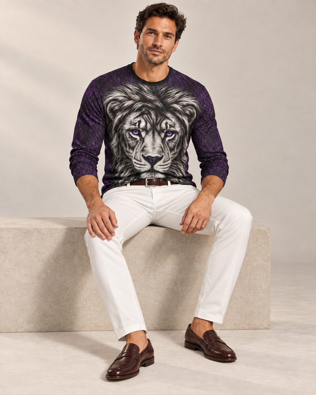 Midnight Crown Luxury Long Sleeve T-Shirt by UNIKCOSA, seated view with white tailored trousers and cherry-brown loafers — AI-generated model illustration