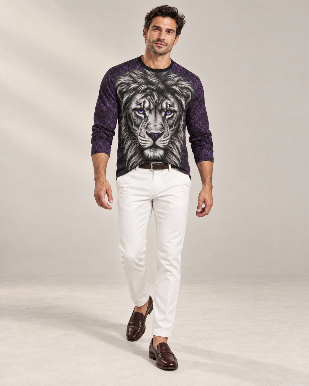 Midnight Crown Luxury Long Sleeve T-Shirt by UNIKCOSA, front walking view with white tailored trousers and cherry-brown loafers — AI-generated model illustration