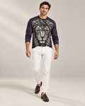 Midnight Crown Luxury Long Sleeve T-Shirt by UNIKCOSA, front walking view with white tailored trousers and cherry-brown loafers — AI-generated model illustration