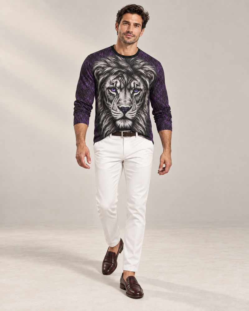 Midnight Crown Luxury Long Sleeve T-Shirt by UNIKCOSA, front walking view with white tailored trousers and cherry-brown loafers — AI-generated model illustration
