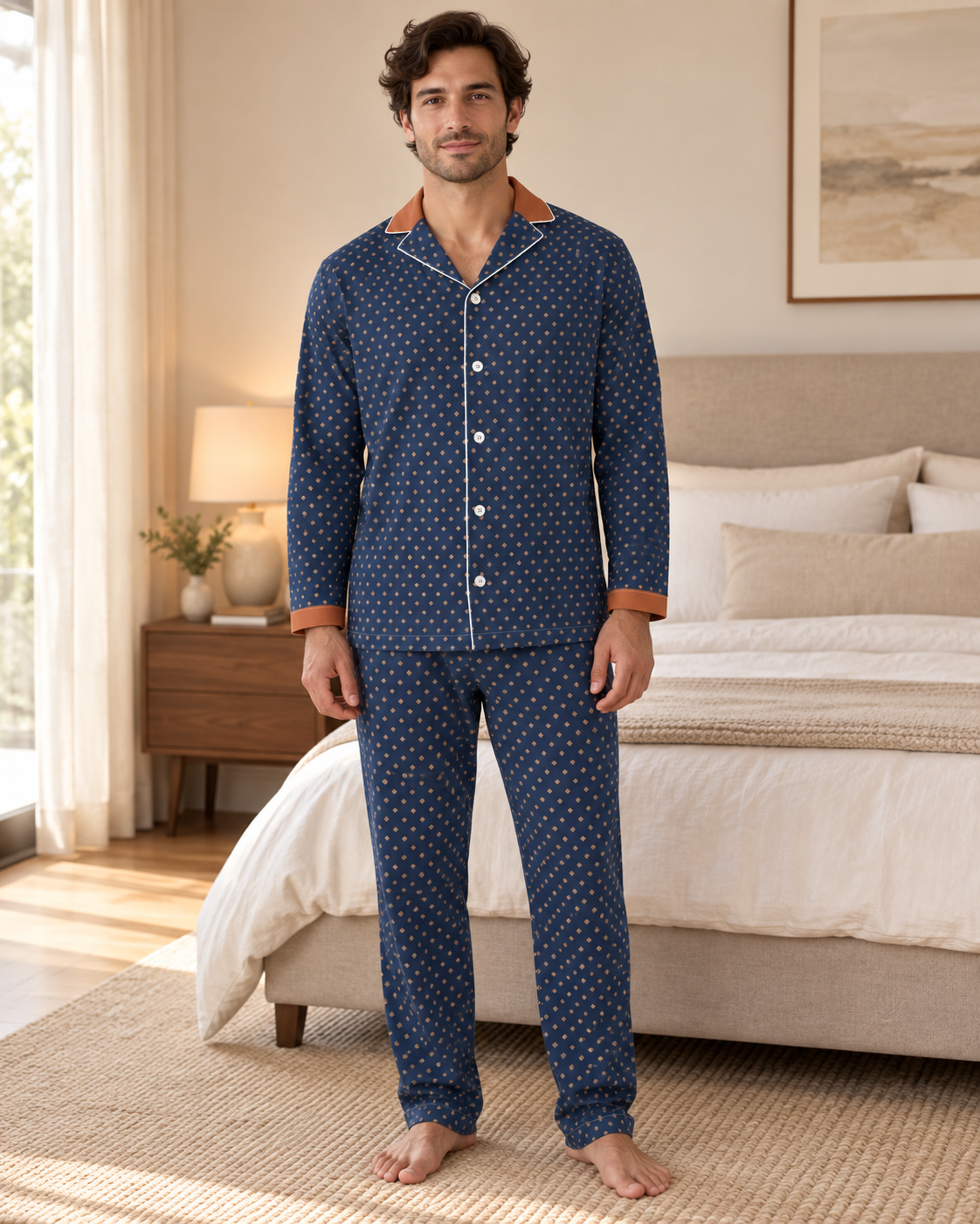 Adult model wearing the Midnight Dhaka Luxury Pajama Set in a bright bedroom — AI styling illustration