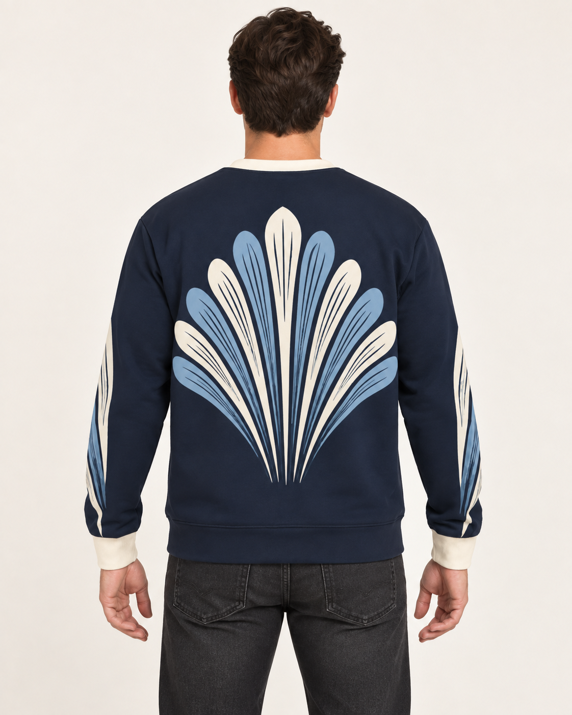 midnight porcelain men's sweatshirt back view. AI-generated digital styling illustration.