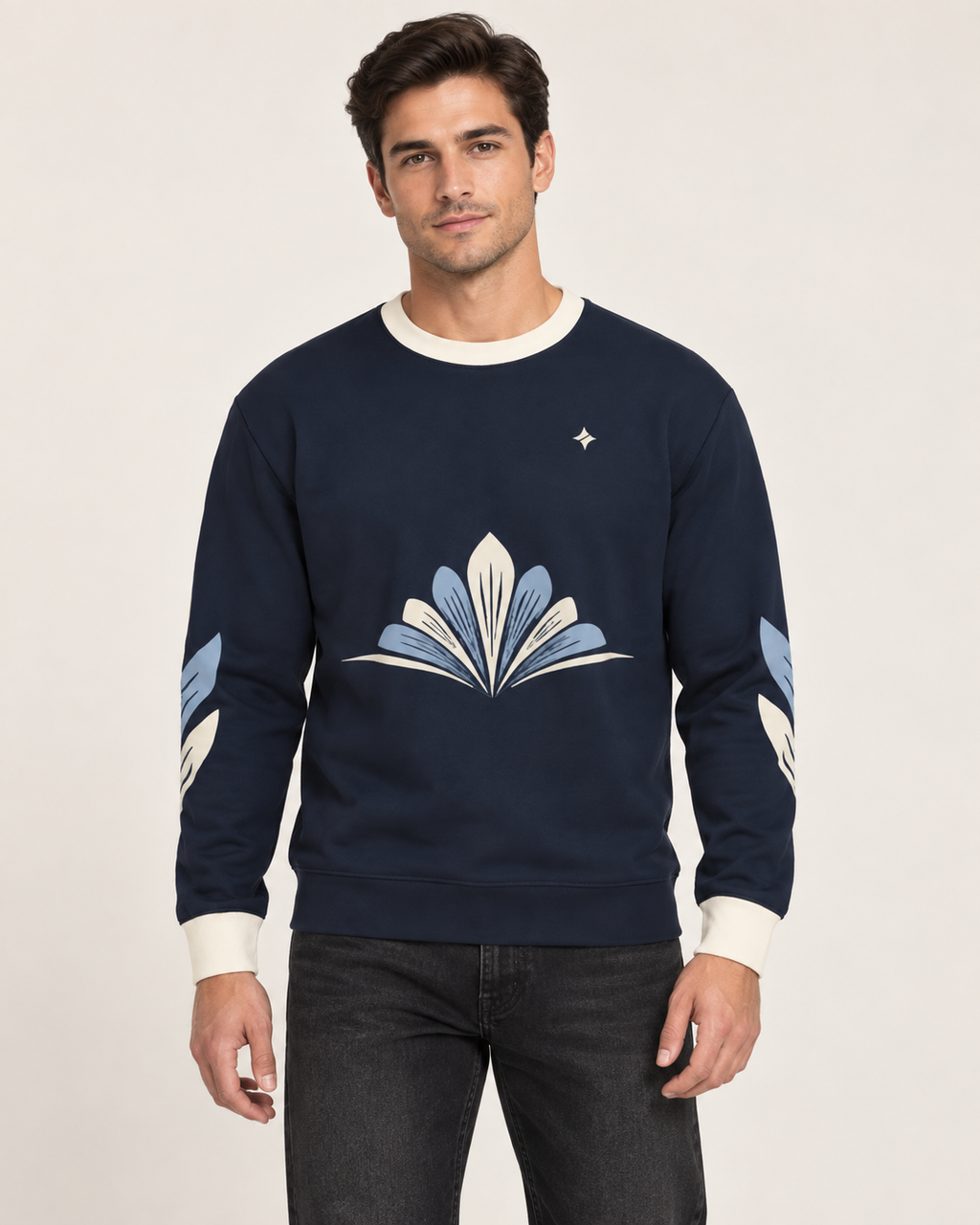 midnight porcelain men's sweatshirt front view. AI-generated digital styling illustration.