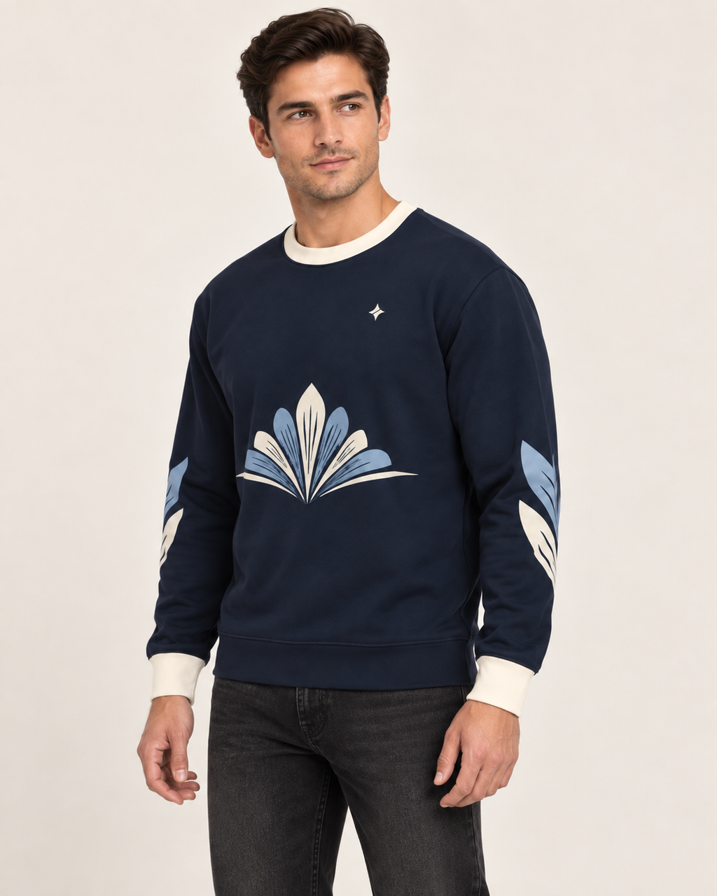 midnight porcelain men's sweatshirt side view. AI-generated digital styling illustration.