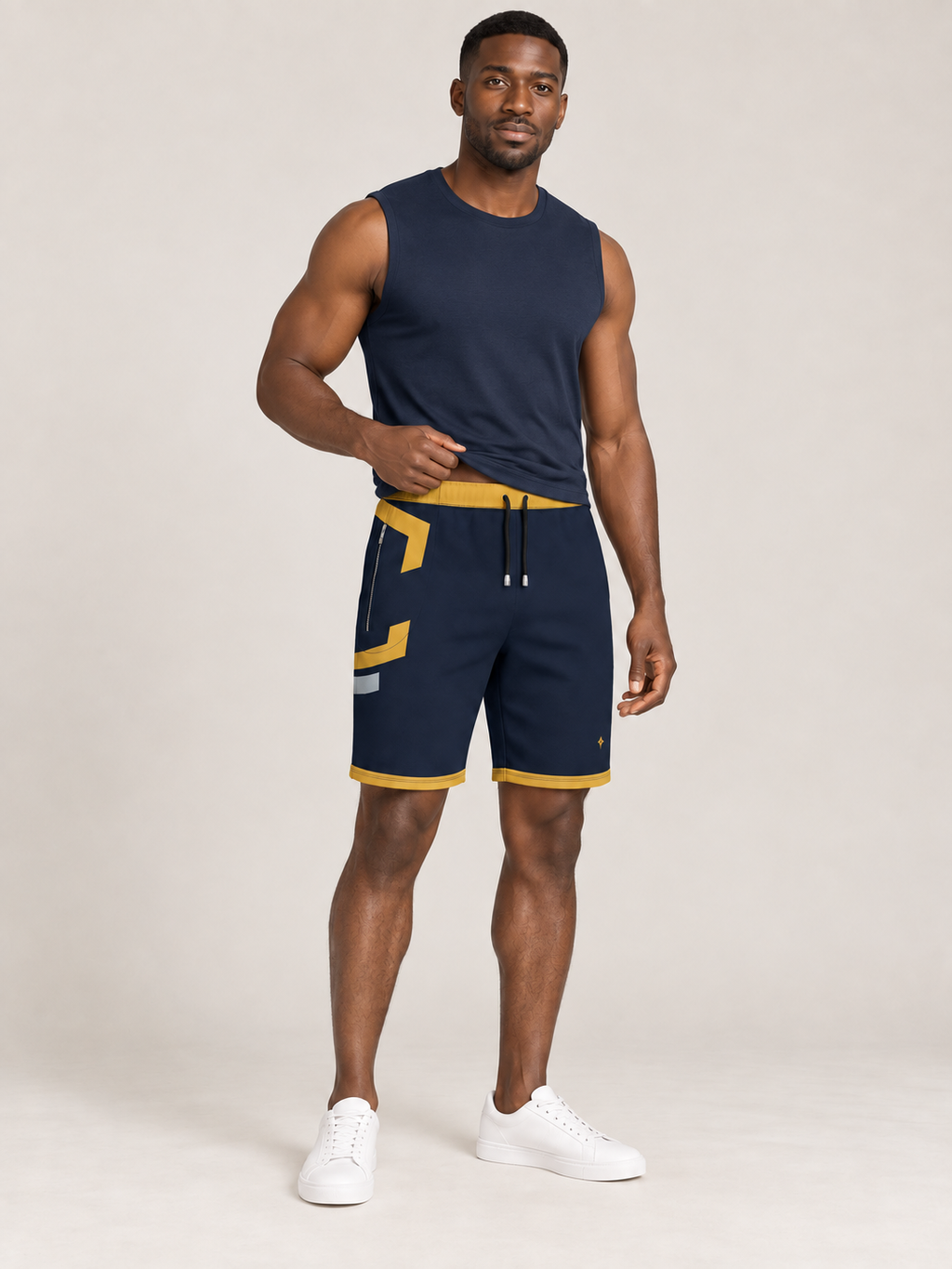 AI-generated styling illustration: adult male wearing UNIKCOSA Midnight Saffron Frame shorts with a coordinated fitted sleeveless top, gently lifting its hem to show the waistband.