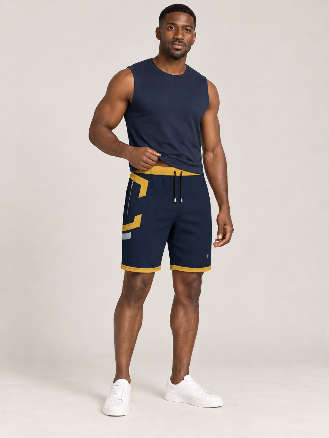 AI-generated styling illustration: adult male wearing UNIKCOSA Midnight Saffron Frame shorts with a coordinated fitted sleeveless top, gently lifting its hem to show the waistband.