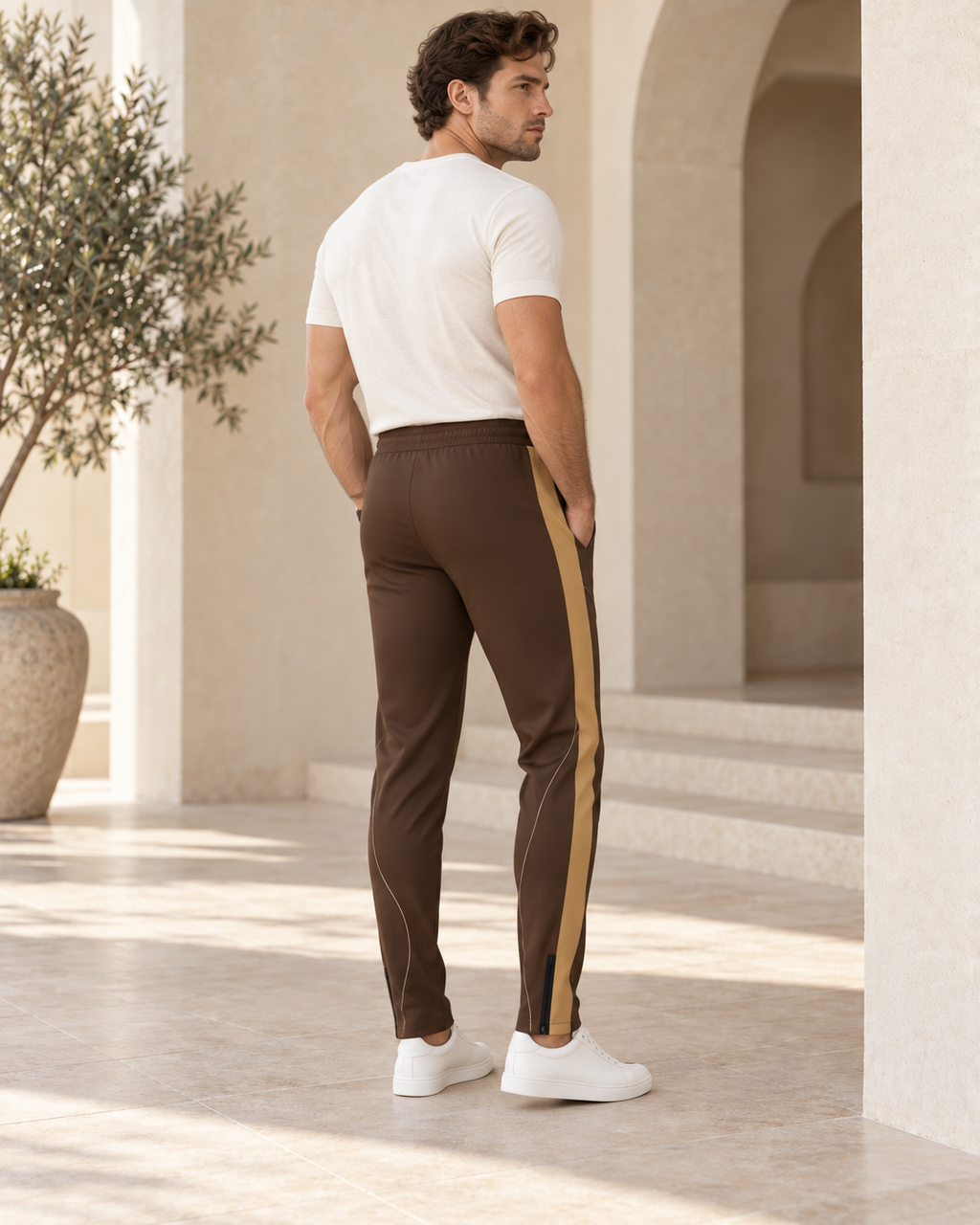 Mocha Caramel Luxury Rox Jersey Track Pants by UNIKCOSA — rear three-quarter model styling view