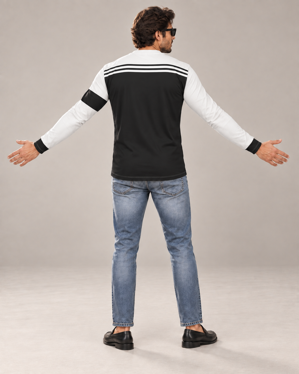 Monochrome Line Luxury Bounce Cotton Long Sleeve T-Shirt by UNIKCOSA, back view with arms spread wide in a plain indoor studio — AI styling visual