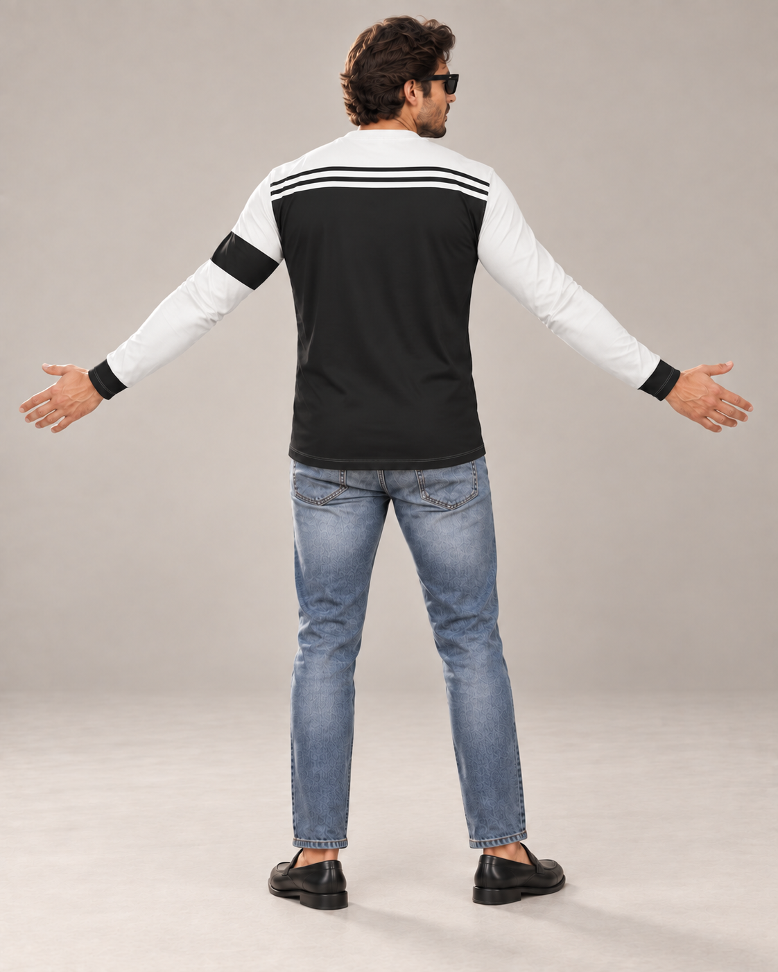 Monochrome Line Luxury Bounce Cotton Long Sleeve T-Shirt by UNIKCOSA, back view with arms spread wide in a plain indoor studio — AI styling visual