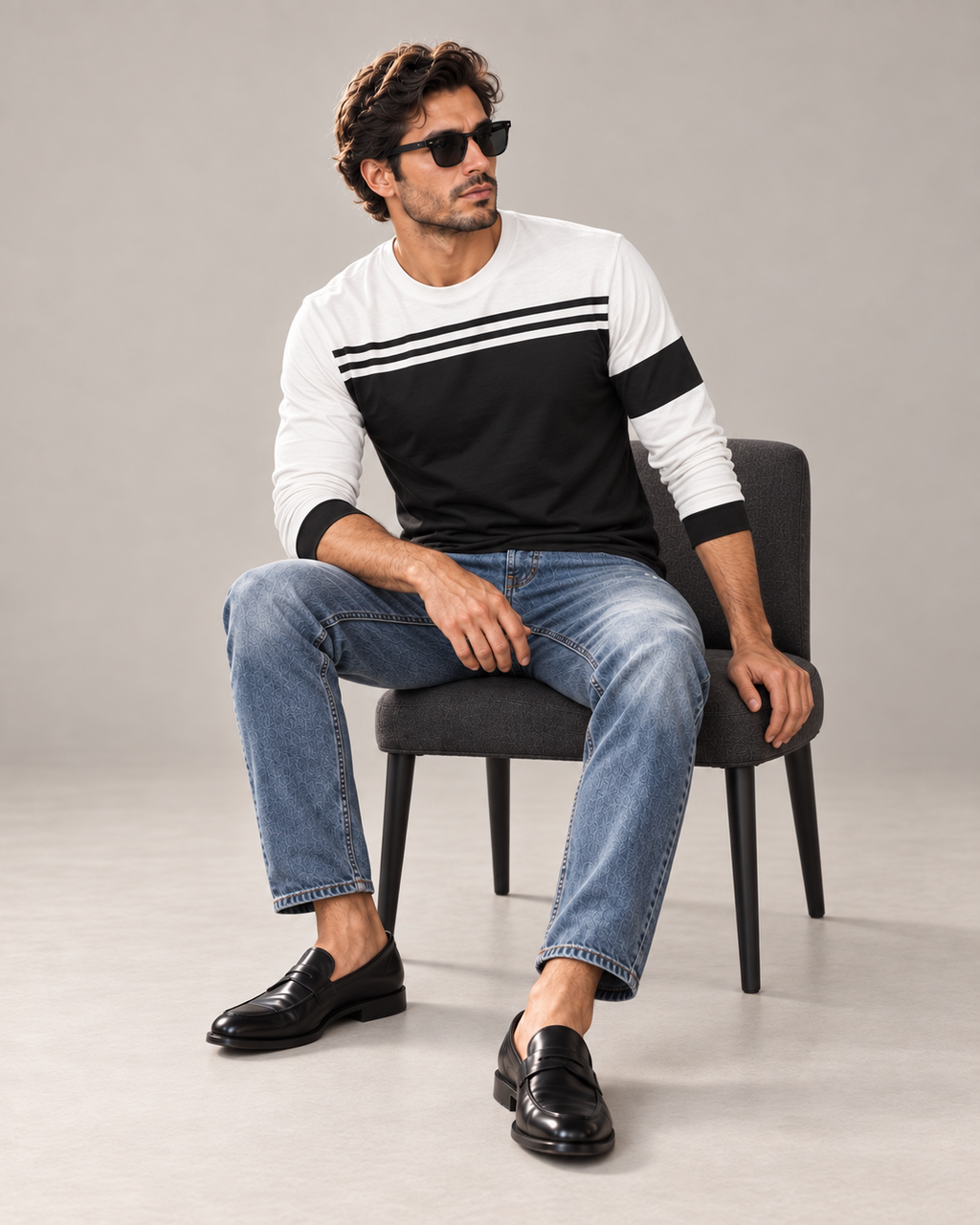 Monochrome Line Luxury Bounce Cotton Long Sleeve T-Shirt by UNIKCOSA, seated with sleeves styled on a plain stone-grey background — AI styling visual