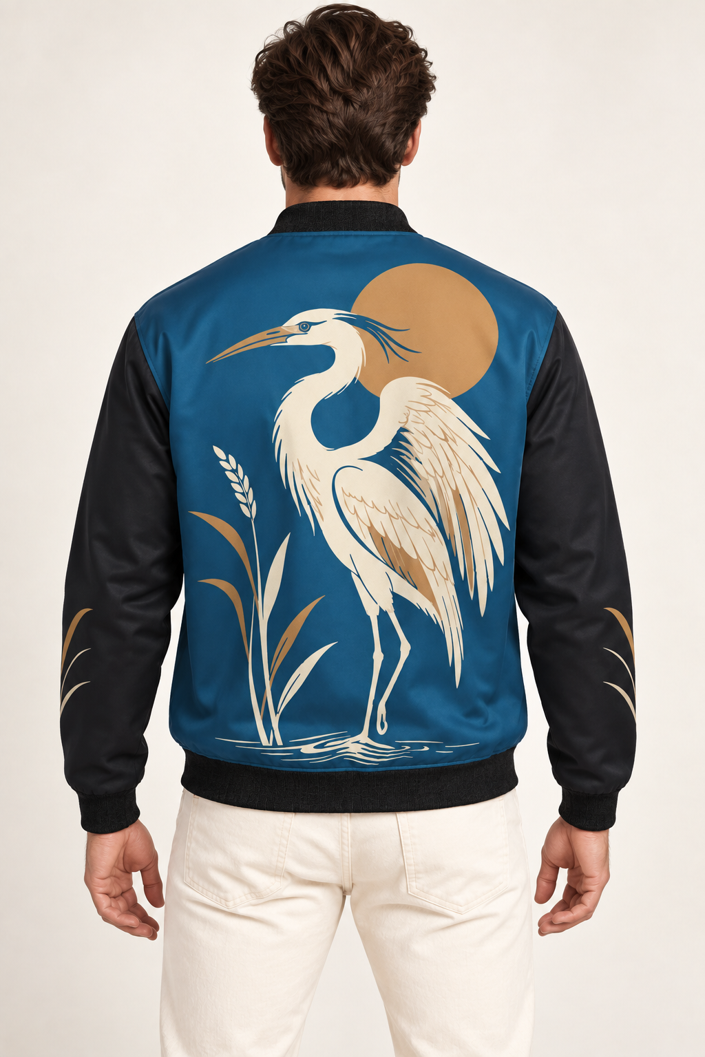 Moonlit Heron satin bomber jacket — back on-model styling illustration
