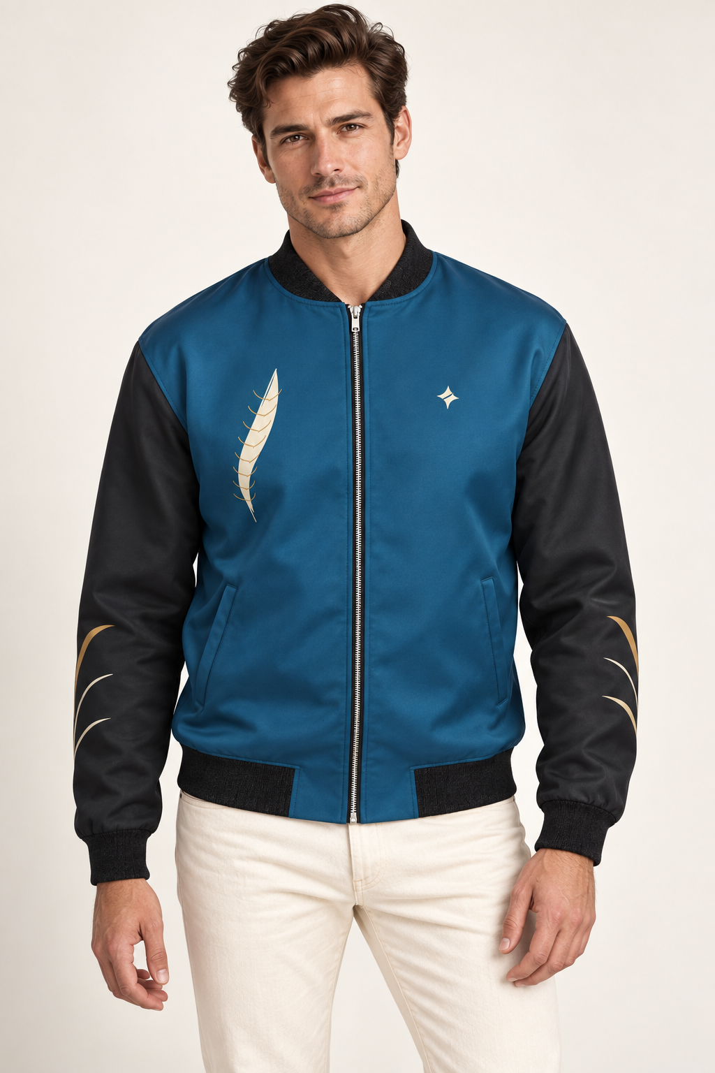 Moonlit Heron satin bomber jacket — front on-model styling illustration