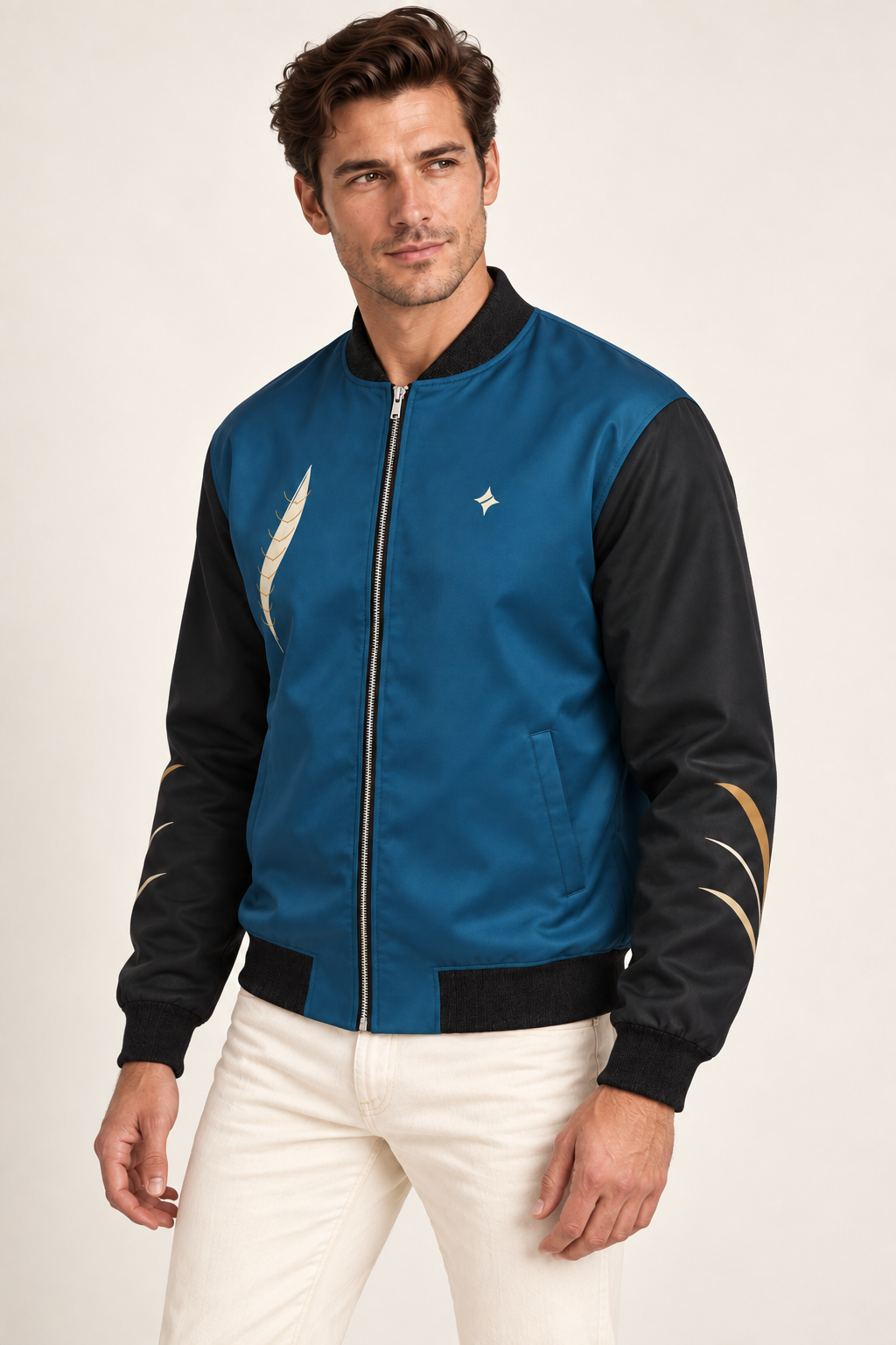Moonlit Heron satin bomber jacket — three-quarter on-model styling illustration