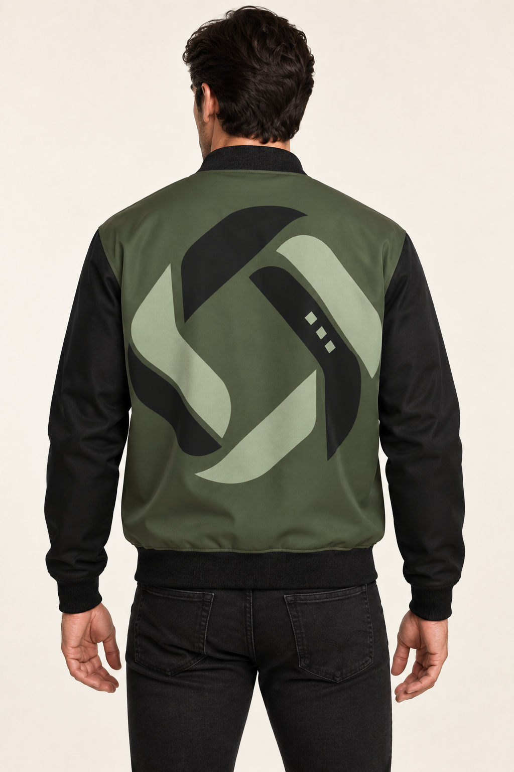 Moss Obsidian satin bomber jacket — back on-model styling illustration