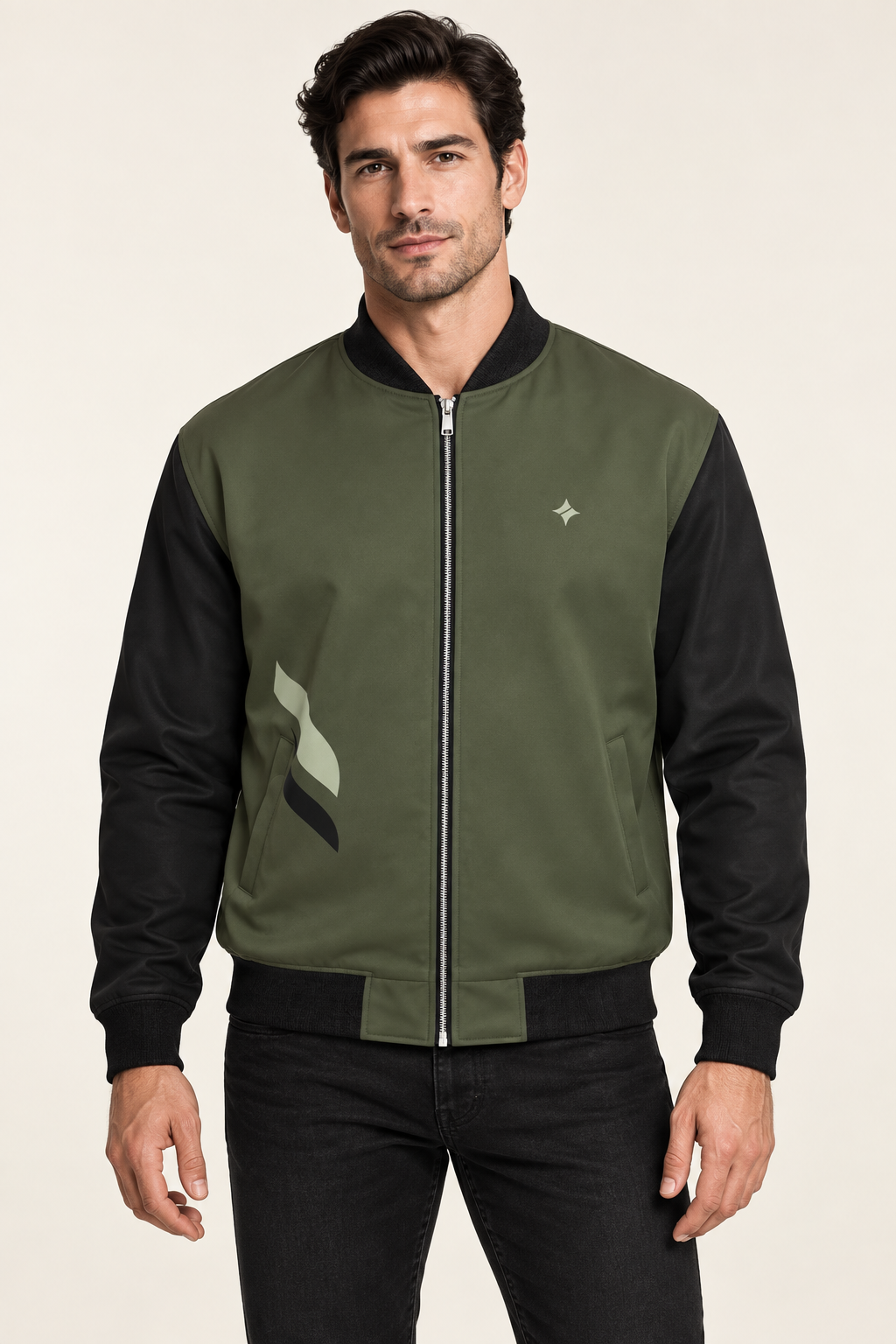 Moss Obsidian satin bomber jacket — front on-model styling illustration