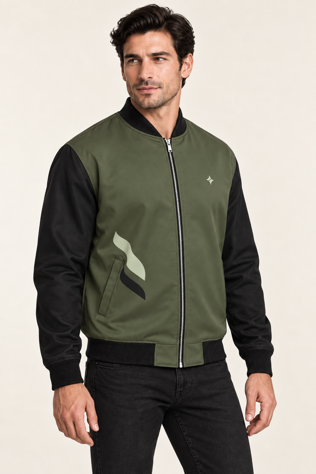 Moss Obsidian satin bomber jacket — three-quarter on-model styling illustration