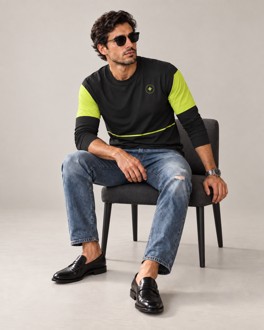 Neon Pulse Luxury Bounce Cotton Long Sleeve T-Shirt by UNIKCOSA, seated with sleeves styled on a plain stone-grey background — AI styling visual
