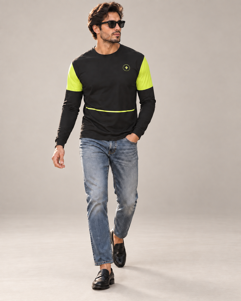 Neon Pulse Luxury Bounce Cotton Long Sleeve T-Shirt by UNIKCOSA, walking in a plain indoor studio with straight jeans and black loafers — AI styling visual