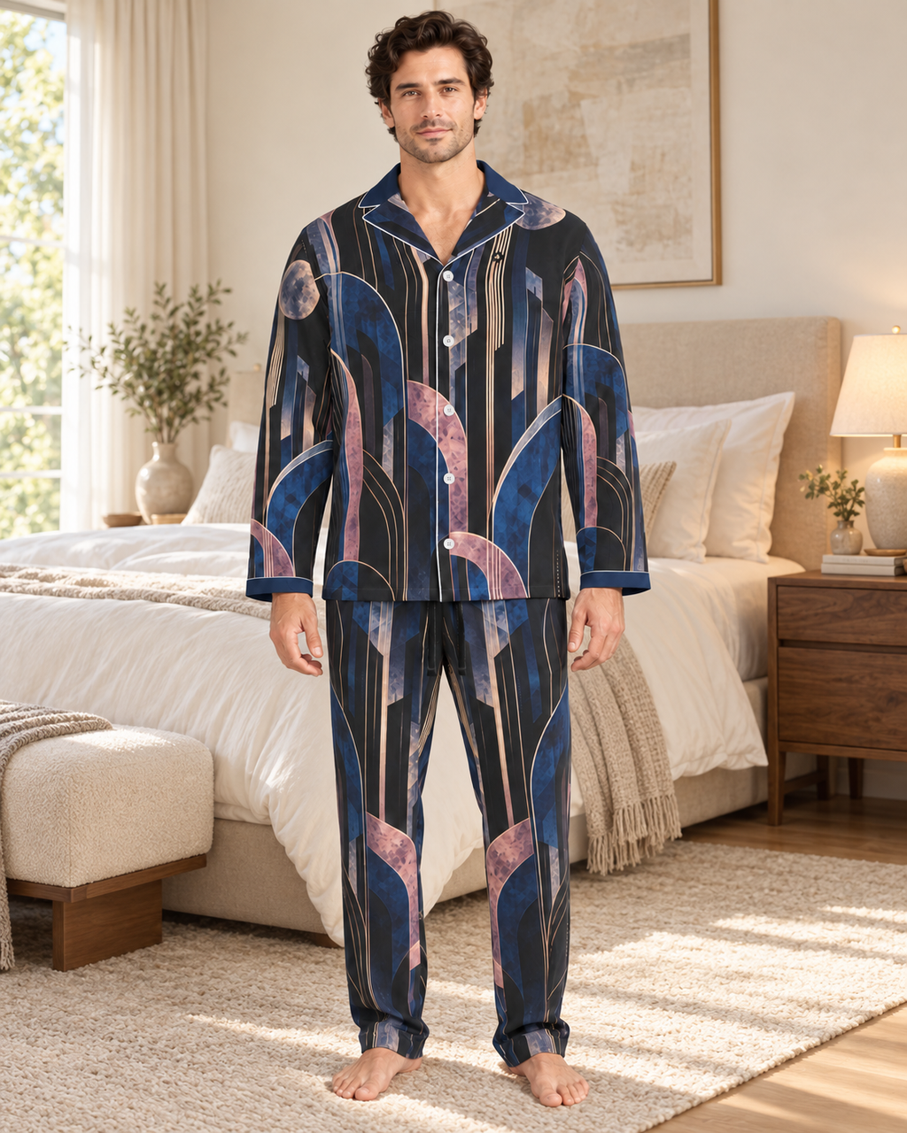 Adult model wearing the Nocturne Arcade Luxury Pajama Set in a bright bedroom — AI styling illustration