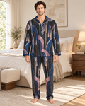 Adult model wearing the Nocturne Arcade Luxury Pajama Set in a bright bedroom — AI styling illustration
