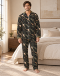 Adult model wearing the Obsidian Botanic Luxury Pajama Set in a bright bedroom — AI styling illustration