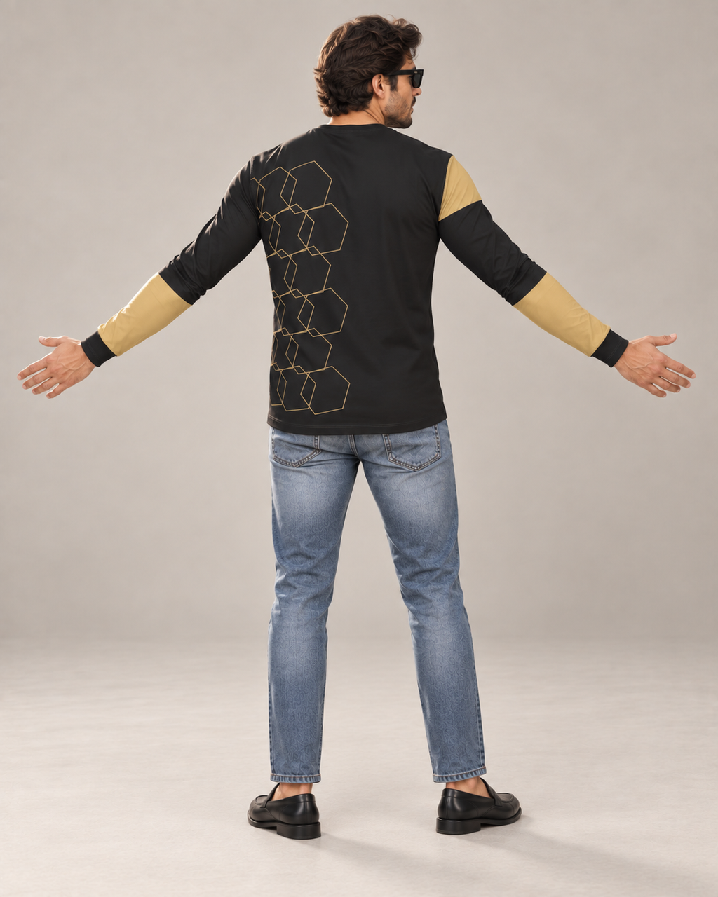 Obsidian Gold Luxury Bounce Cotton Long Sleeve T-Shirt by UNIKCOSA, back view with arms spread wide in a plain indoor studio — AI styling visual