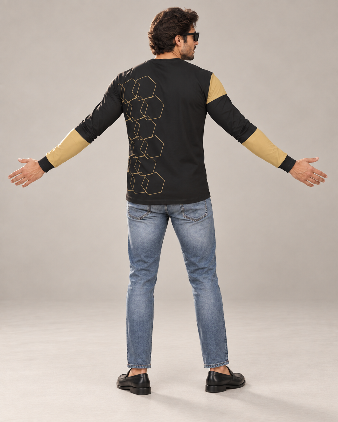 Obsidian Gold Luxury Bounce Cotton Long Sleeve T-Shirt by UNIKCOSA, back view with arms spread wide in a plain indoor studio — AI styling visual