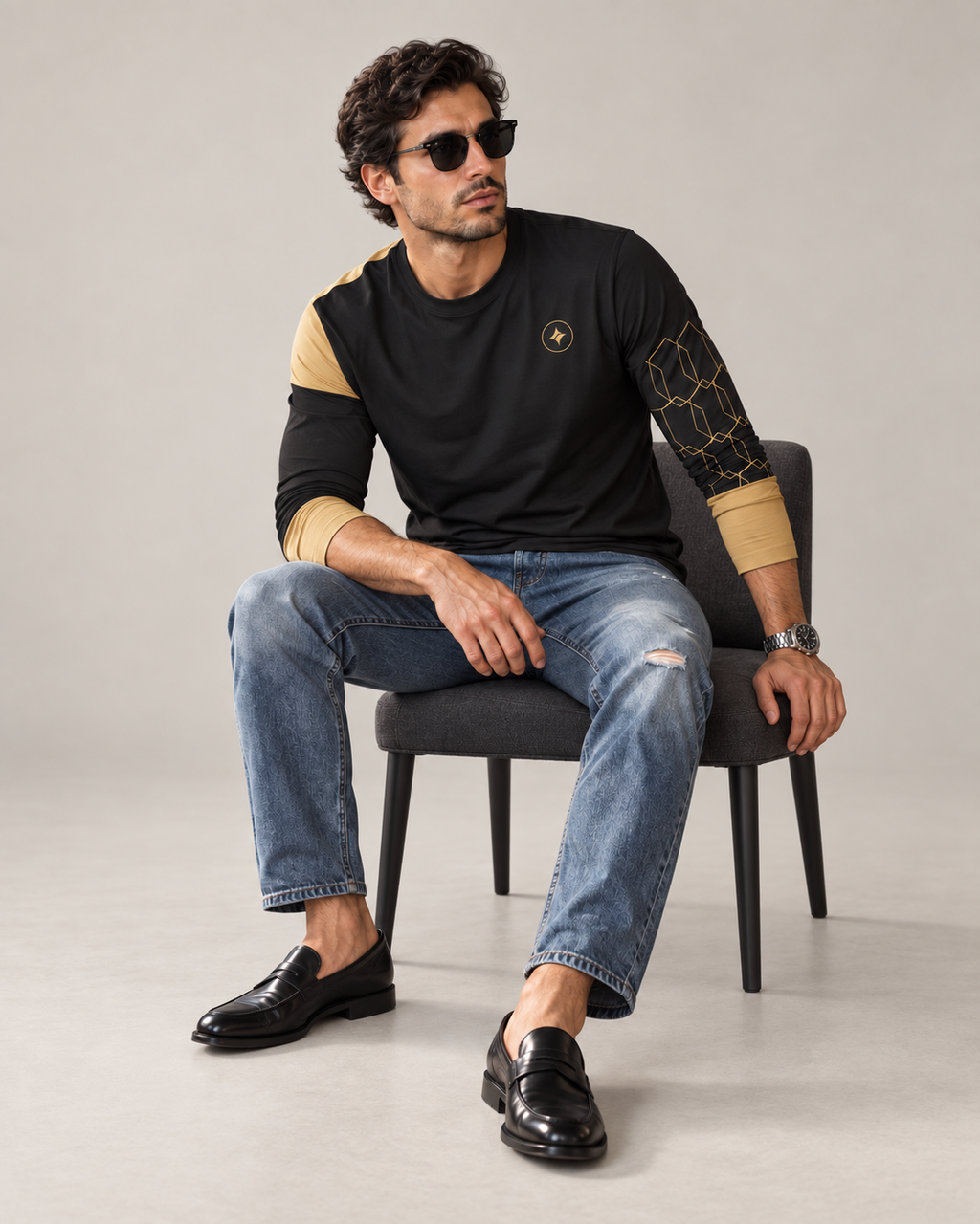 Obsidian Gold Luxury Bounce Cotton Long Sleeve T-Shirt by UNIKCOSA, seated with sleeves styled on a plain stone-grey background — AI styling visual