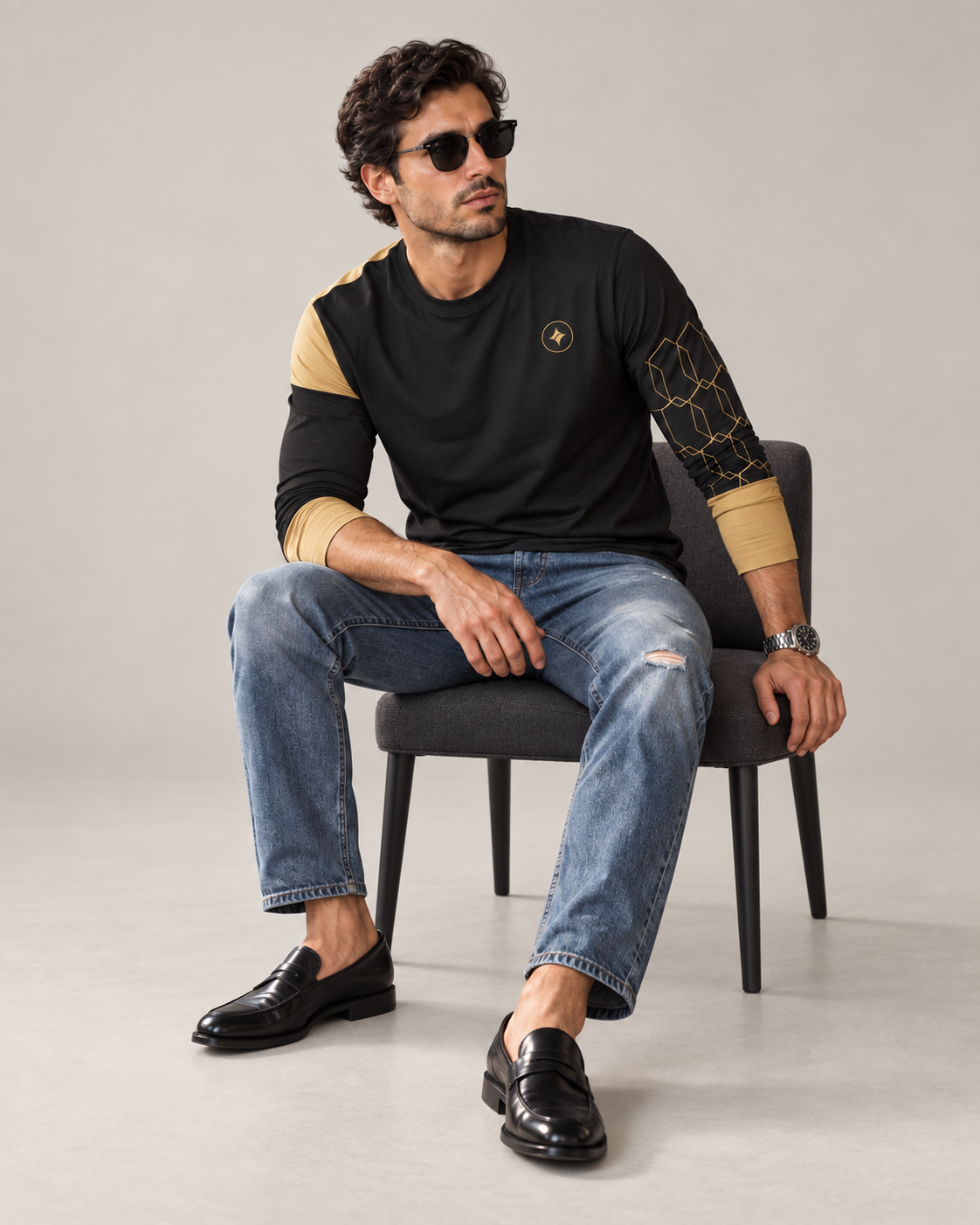 Obsidian Gold Luxury Bounce Cotton Long Sleeve T-Shirt by UNIKCOSA, seated with sleeves styled on a plain stone-grey background — AI styling visual