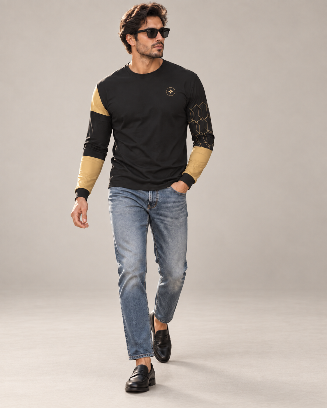 Obsidian Gold Luxury Bounce Cotton Long Sleeve T-Shirt by UNIKCOSA, walking in a plain indoor studio with straight jeans and black loafers — AI styling visual