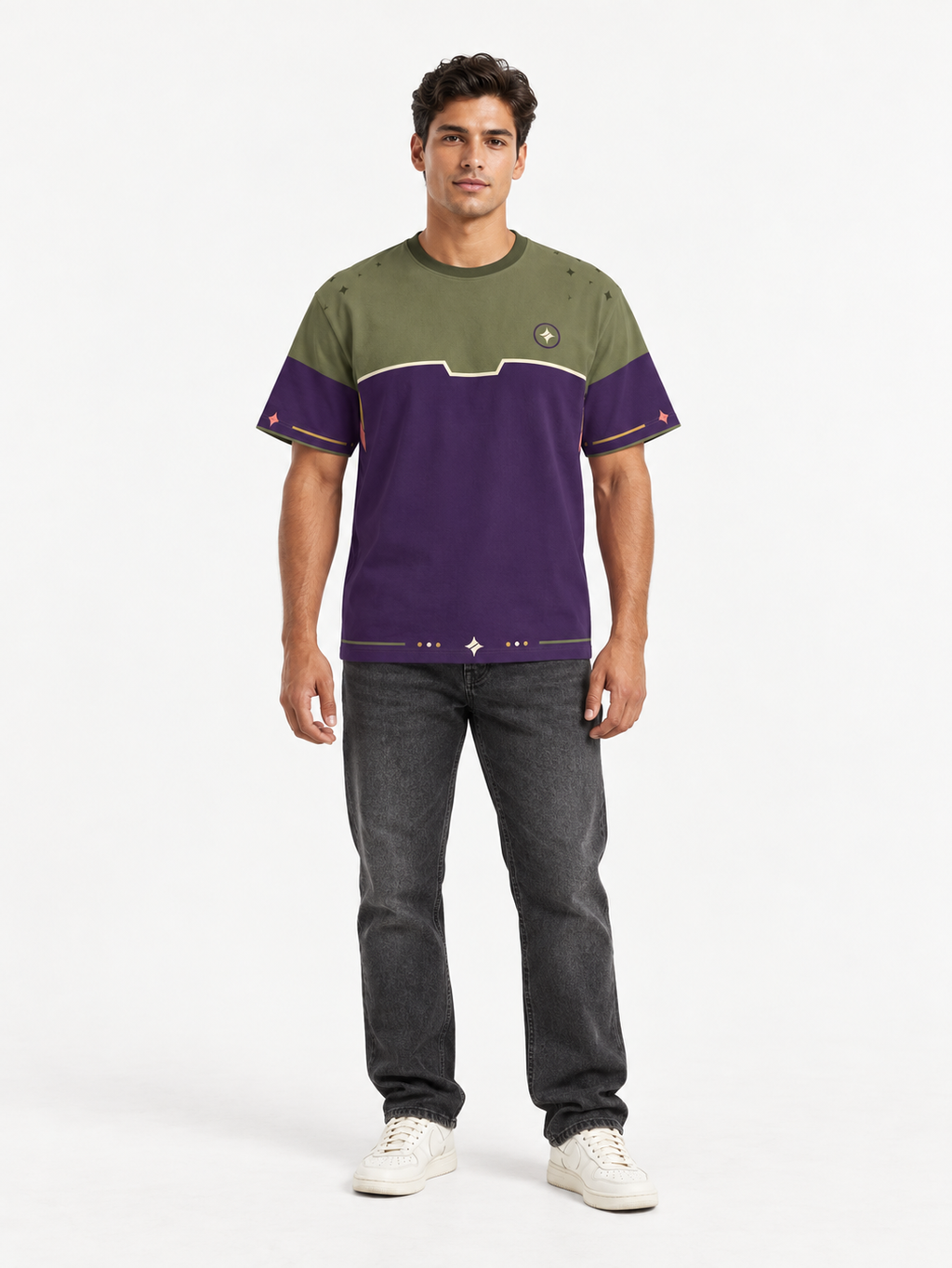 Olive Amethyst Boxy Cotton T-Shirt — front model styling illustration